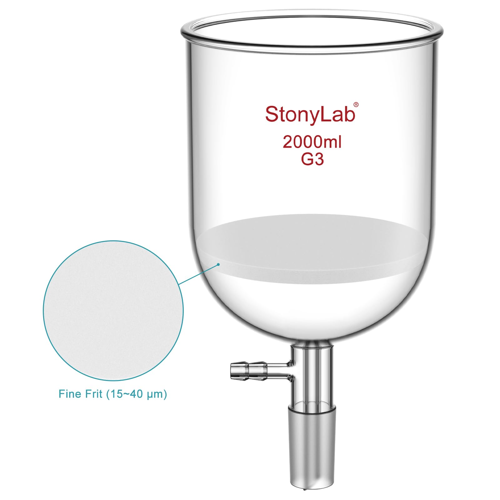 StonyLab Embudo de filtración Buchner con frita fina, diámetro del disco de 155 mm, profundidad de 145 mm, con junta interna cónica estándar 24/40 y tubulación dentada al vacío (2000 ml)