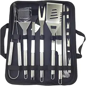 Kit Conjunto Profissional para Churrasco em Aço Inox com maleta 15 peças