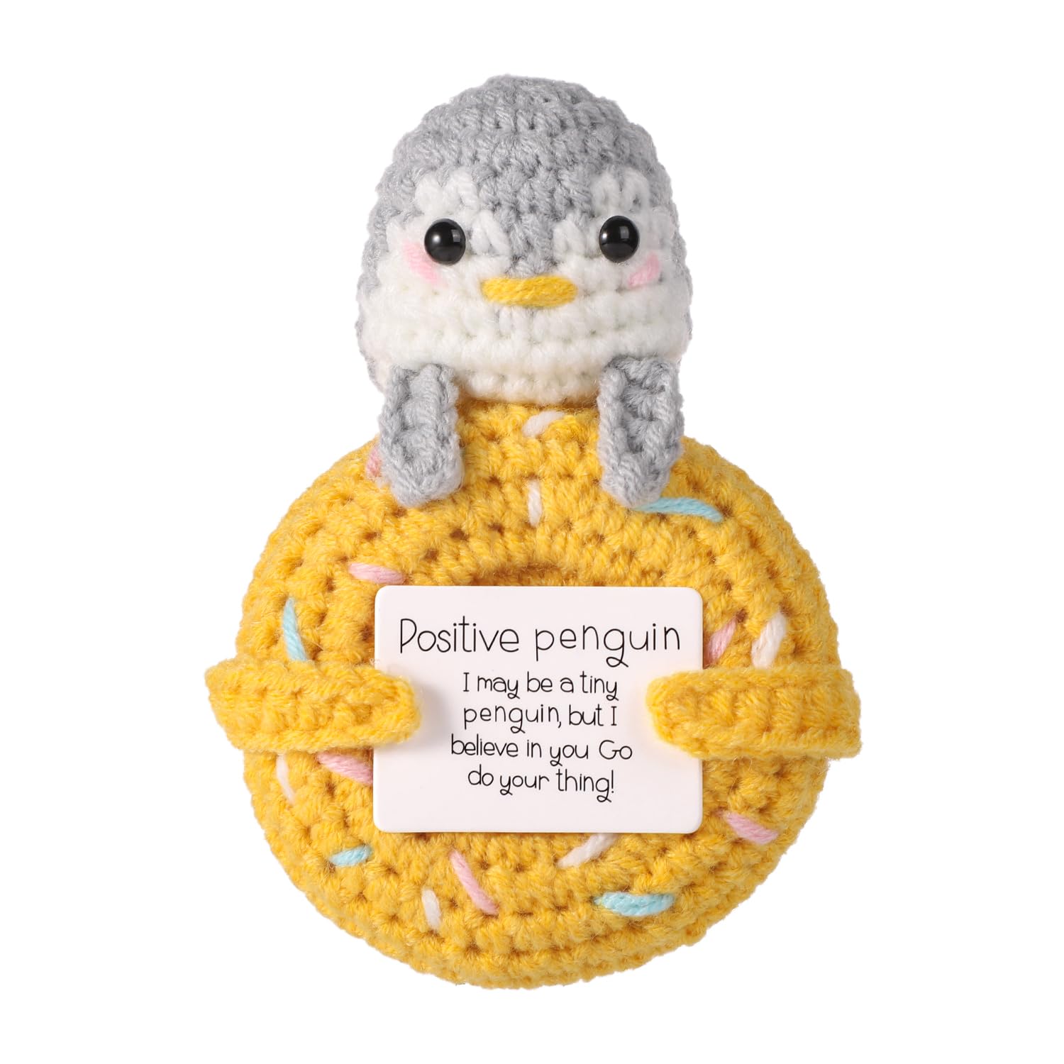 Positive Donut Penguin, 4.25 Inch Funny Positive Penguin with Card Cute Knitted Penguin Toy Creative Yarn Crocheted Donuts Positive Life Potato Gift for Friends Families Home Decoration