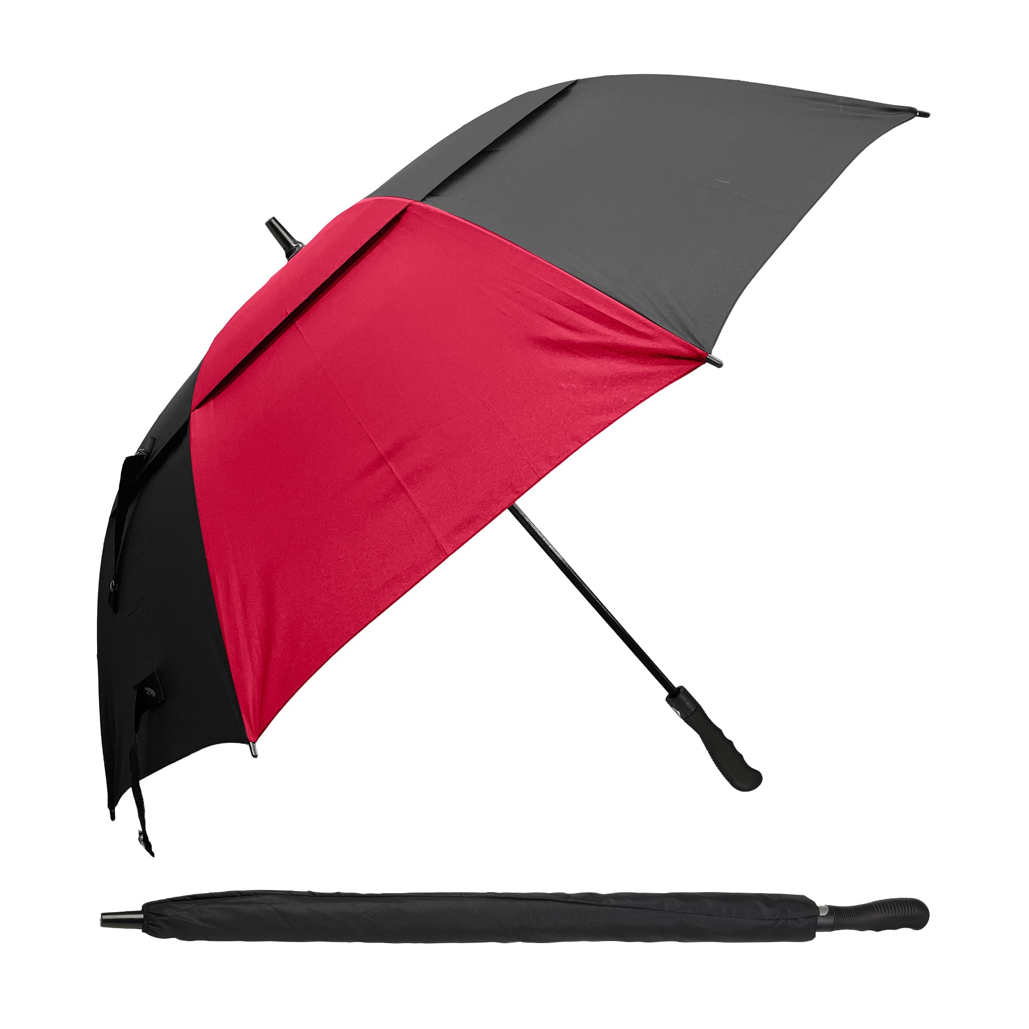 Dryzone Windproof Golf Umbrella Straight Handle, Black/Red – Heavy Duty Large Umbrella, Fibreglass Frame, Double Vented 120cm Canopy, Magnetic Strap, Rubberised Handle - Waterproof