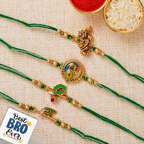 Image of eCraftIndia Set of 4 Multicolor Radha Krishna Playing Flute, Peacock, Krishna Flute, Peacock Feather Designer Religious Rakhis with Roli Chawal Pack and Best Bro Ever Fridge Magnet - Rakhi for Brother