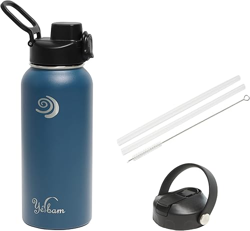 Botella de agua aislada de acero inoxidable de 32 onzas, tapa de pico abierta de un solo toque y tapa de popote cubierta, boca ancha, bebida