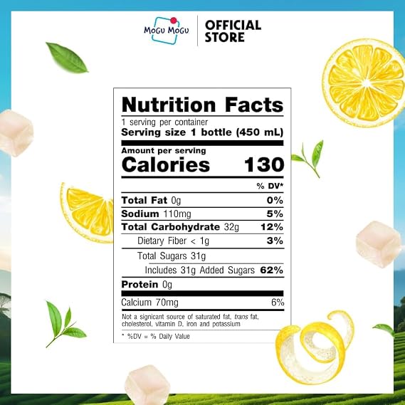 Mogu Mogu Lemon Iced Tea with Nata de Coco (Coconut Jelly) – Chewy Bubble Tea Alternative, Refreshing Drink, 6 Pack Bottles, 15.3 fl oz Each (450ml)