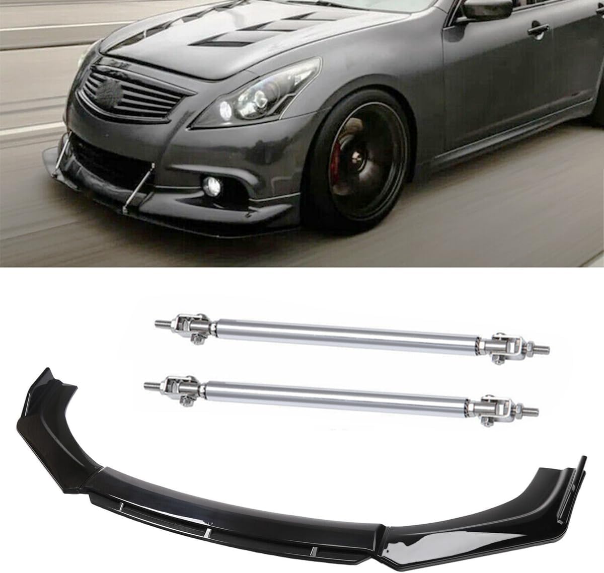 Fit For 2003-2013 In-fini-ti G37 G35 Front Bumper Lip Spoiler Splitter Body + Strut Rods Chin Diffuser,Glossy Black PP