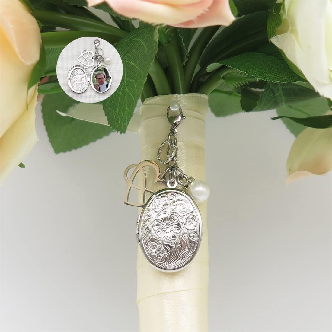 IDLAN Bouquet Locket Photo Charm Wedding Bouquet Memory Charm Memorial Bride Pendant Memorial Photo Keepsake