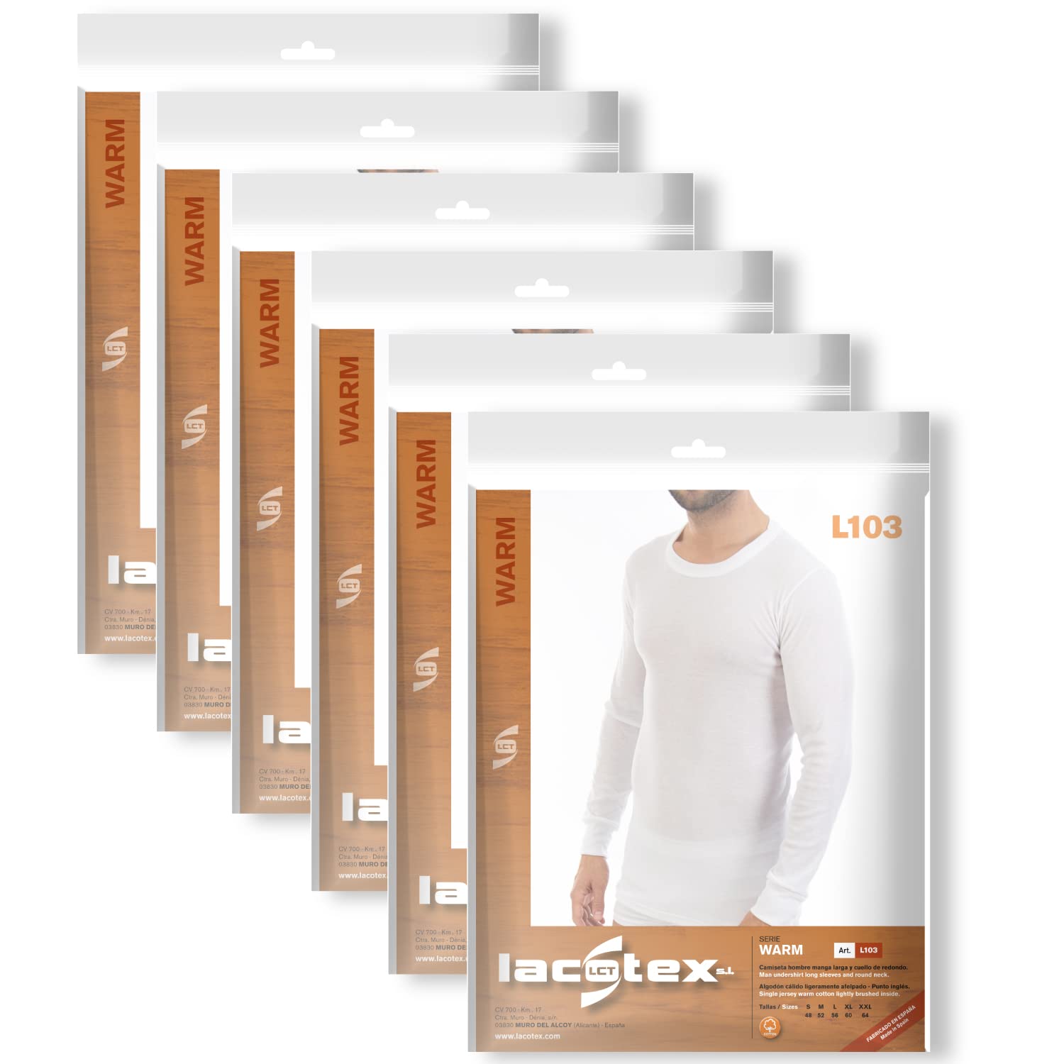 Lacotex Camiseta Interior Termal de Hombre | Camiseta Manga Larga y Cuello Redondo Térmica | Confort y Protección Térmica Interior | Pack Ahorro 6 Unidades | Talla XXL L103