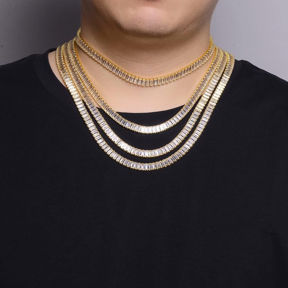 Apzzic 7mm Bling Iced Out Cubic Zirconia Baguette Diamond Hip Hop Gold Plated Tennis Chain Necklace Bracelet for Men Women