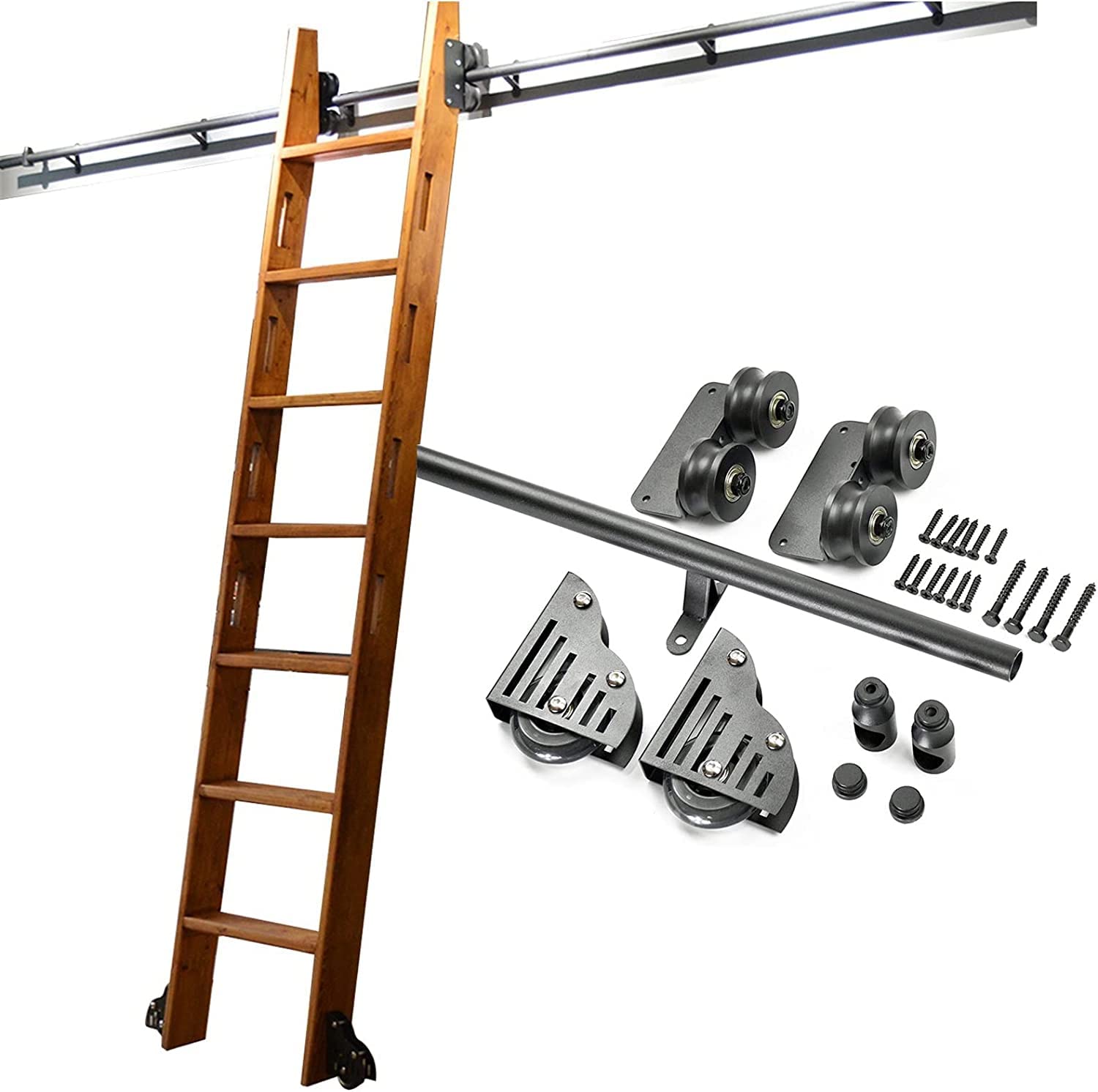 LWJSOCP Rolling Ladder Hardware Library Sliding Ladder Hardware Kit with Floor Roller Wheels(No Ladder), Black Round Tube Mobile Ladder Track - 3.3ft- 20ft (Size : 20ft/600cm Track kit)