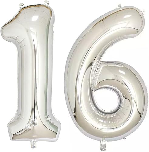 Globos digitales gigantes de helio de 40 pulgadas de papel de aluminio plateado con número 16, decoración de cumpleaños 16 para niñas o niños,
