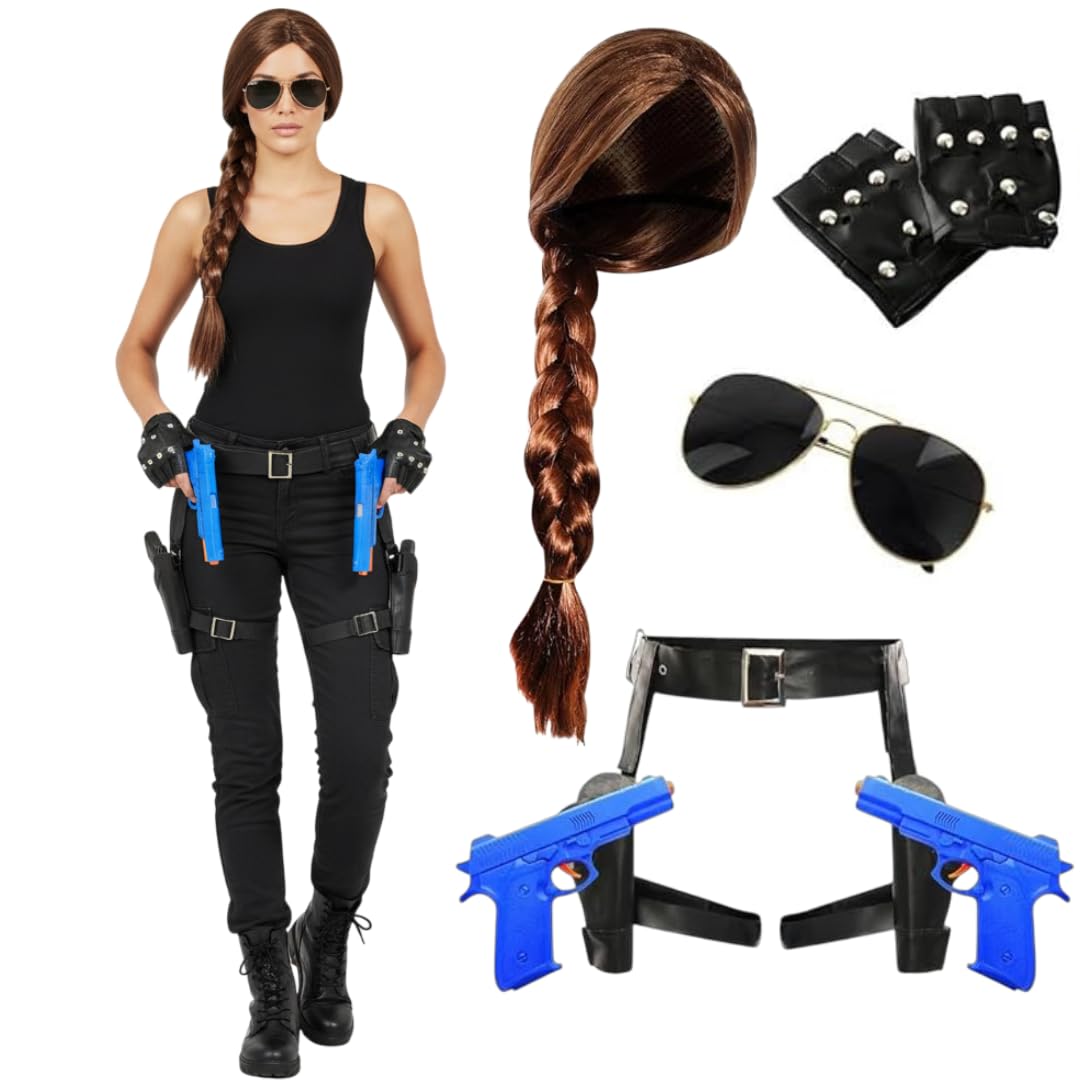 Womenβs Tomb Hunter Costume β Black Vest, Brown Plait Wig, Aviators, Holster Belt & Fingerless Gloves, 2 Blue Toy Guns β Movie Dress Up & Halloween - XXL