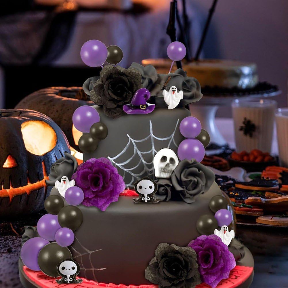 44 dekoracje na tort halloweenowy w kształcie kwiatu, gotycki, z różami, duchami, balonami, na przyjęcie urodzinowe