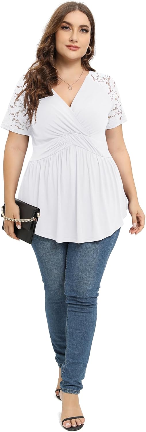TIANZHU Women Plus Size Top Short Sleeve Wrap Lace Dressy Shirt Sexy Low Cut Babydoll Blouses - Image 4