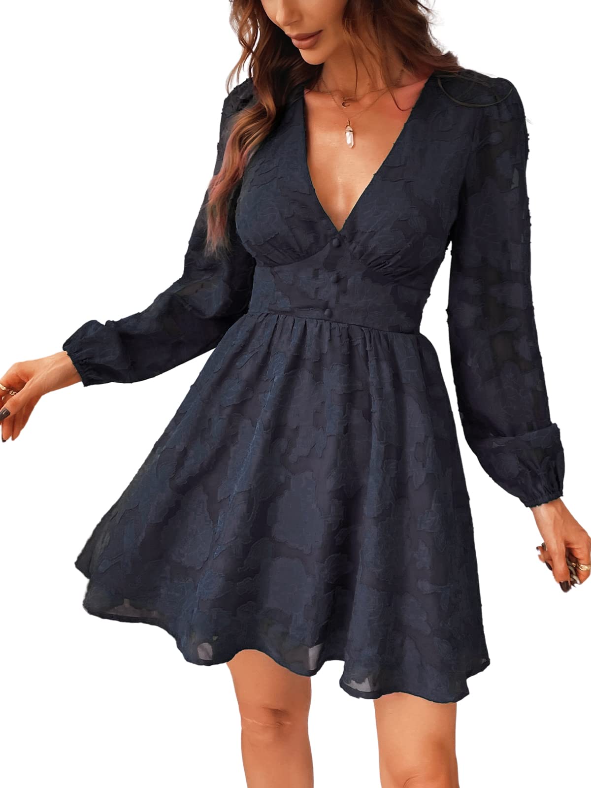 Cupshe Women's Lace Dress, V-Neck, Buttons, Long Sleeve, Floral Lace, A-Line Casual Dresses, Elegant Party Mini Dress
