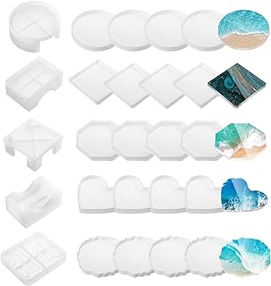 25 Pcs Coaster Molds for Epoxy Silicone Resin Coaster Molds Set with Storage Box Mold Casting Mold for DIY Cups Mats Art Craft Home Decoration, 5 Styles (Flat Style)