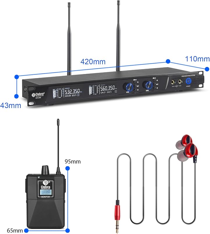 D Debra Audio PRO ER-202 UHF Dupla Csatornás Vezeték Nélküli Fülmonitor Rendszer - Színpadi, Stúdió Használatra, Zenészeknek (4 Vevőegységge