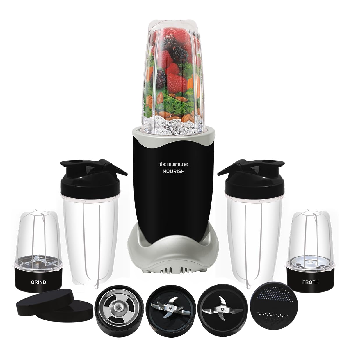 Taurus Nourish Mixer Grinder|5 Jar&2 Storage Jar For Smothies,Coffee,Dry fruits & Wet Grinding|600 W,Copper Motor|3 Blades Including Froth Blade with 2 Sipper & 1 Seasoning Cap|2 Yr Warranty