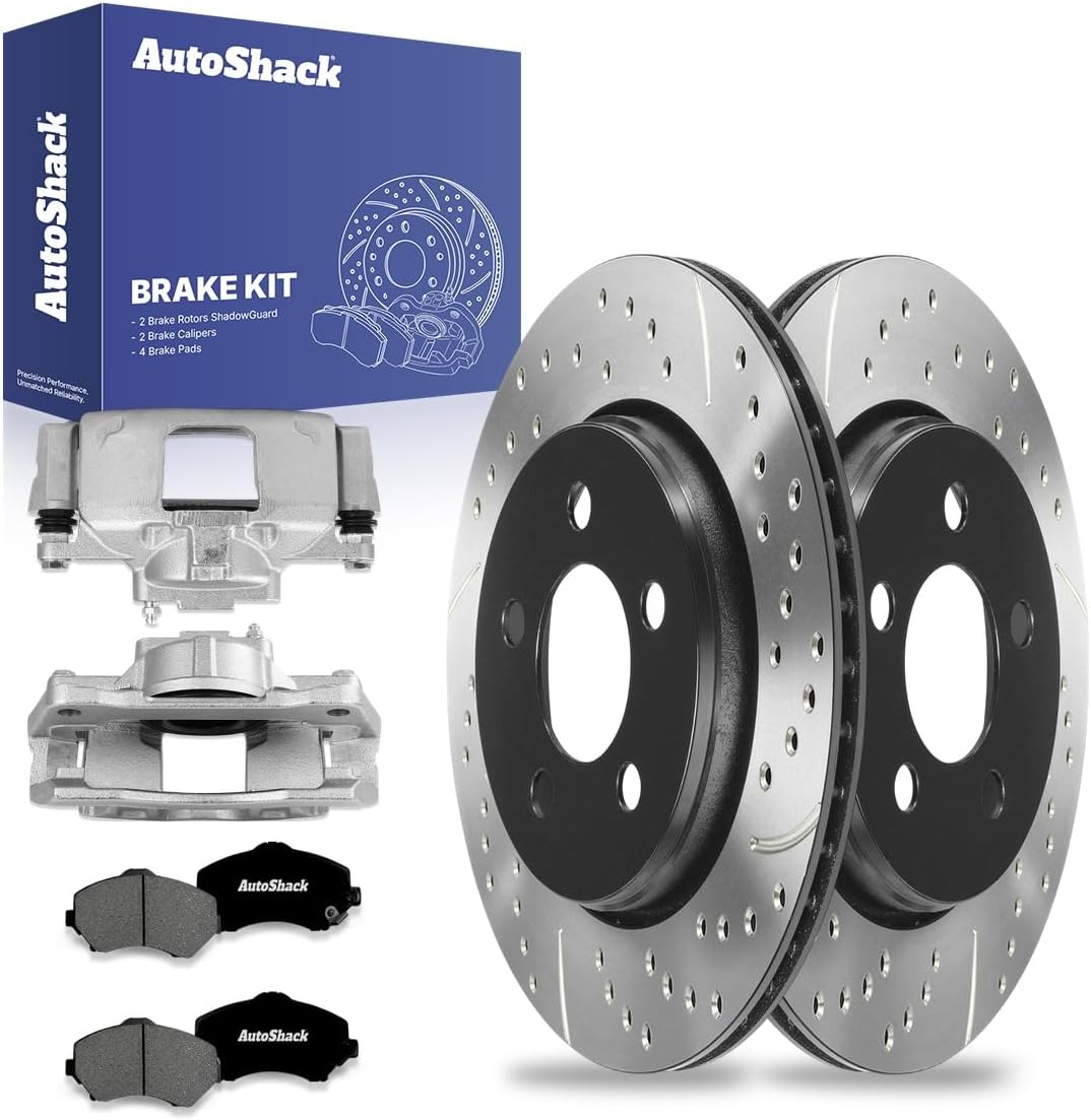 AutoShack Front Vented Drilled & Slotted E-Coated Brake Rotors + Premium Ceramic Pads + Calipers 8-PC Brake Kit Replacement for 2008-2012 Jeep Liberty 2007-2011 Dodge Nitro ShadowGuard 11.89" (302 mm)