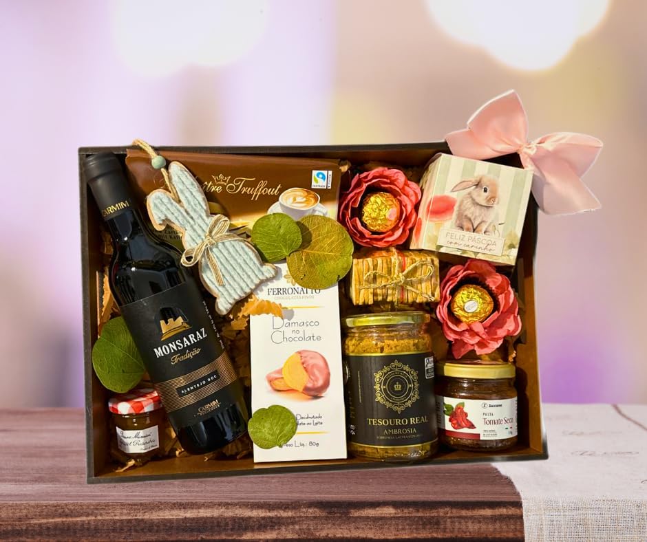 Cesta de chocolates com bebida