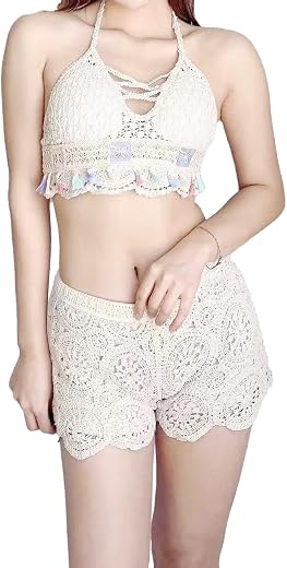 ICW Women's Boho Crochet Backless Lace-up Halter Neck Top and Shorts Set, Beachwear Co-ord Set Bikini Swimsuit DN95