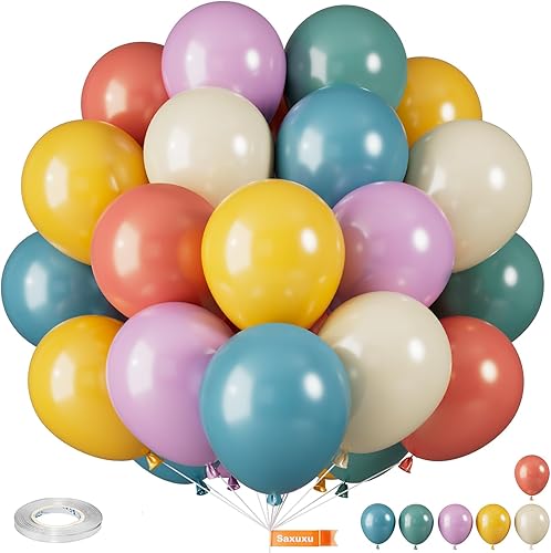 Miniatura 30 de Globos Saxuxu azul, amarillo y naranja, de 12 pulgadas, globos retro azul marino, amarillo y naranja, de látex y helio para cumpleaños de niños,