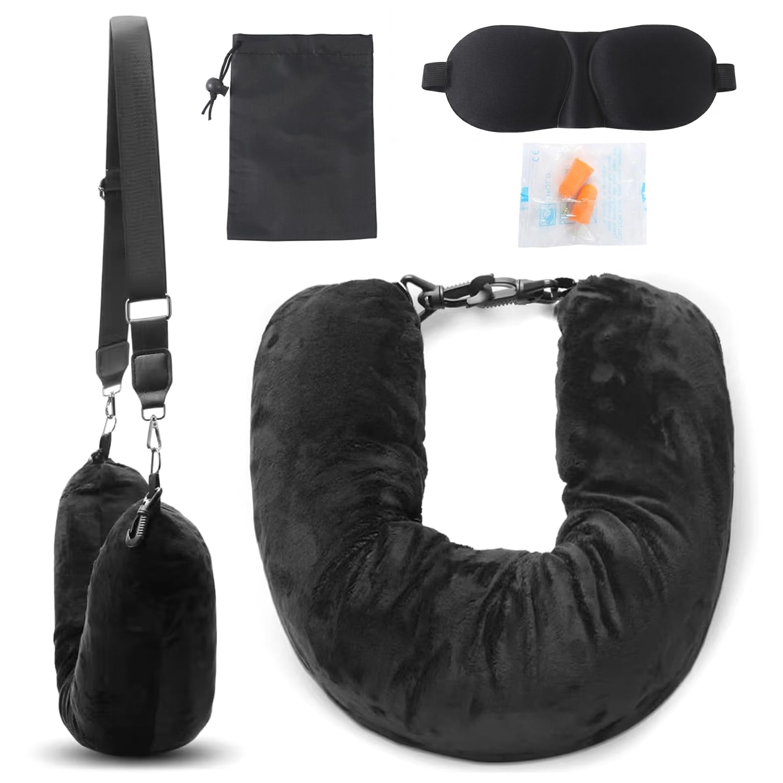 YDAKGUEY Stuffable Neck Pillow for Travel, Travel Pillow with Ear Plug and Eye Mask, Flight Pillow with Adjustable Straps for Extra Luggage Travel Essentials(Black)