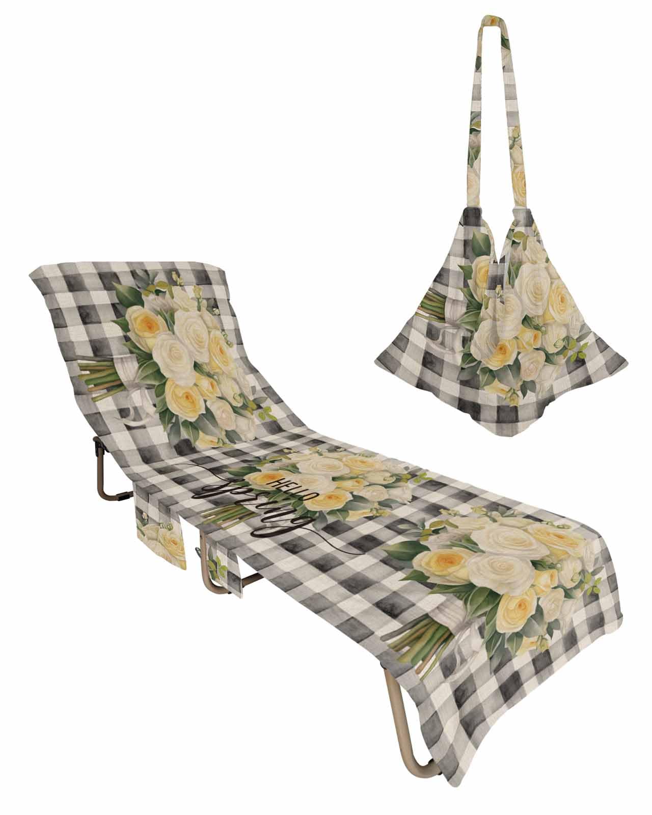 Spring Floral Beach Lounge Chair Towel Cover, Soft Chaise Lounge Towel with Side Pockets Patio Pool Chairs Cover for Beach/Pool Sunbathing 29x85 Black White Plaid Summer Botanical Flowers