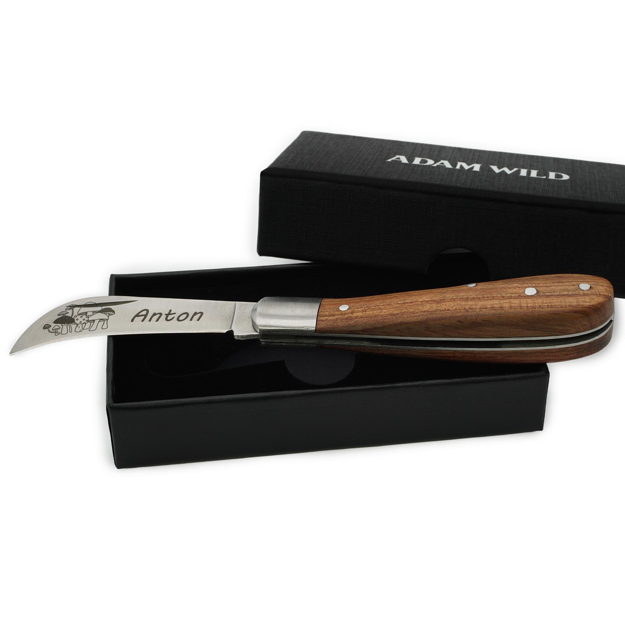 ADAM WILD Pilzmesser mit Gravur | personalisiertes Geschenk für Pilzsammler | Schonende Pilzernte | klappbares Taschenmesser, gebogene Edelstahlklinge & Holzgriff | Outdoor & Naturfreunde | Lasergravur