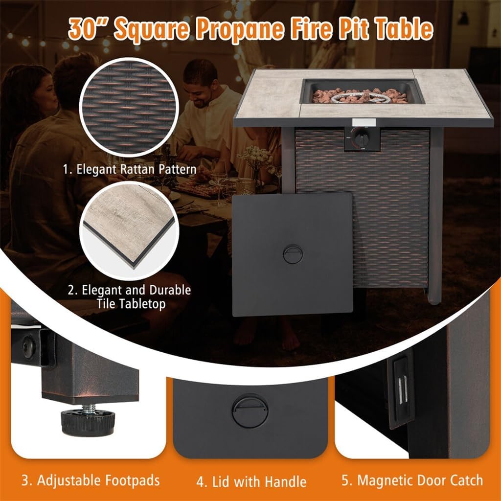 5 PCS Patio Rattan Furniture Set 30" Fire Pit Table W/Cover Cushion Turquoise