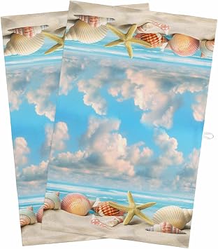 Kitchen Towels - 2 Packs Beach Conch Shells Summer Ocean Nautical Dish Towels, Blue Sky White Clouds Quick Drying Dishcloth Tea Towels, Absorbent Soft Hand Towel,18x28in
