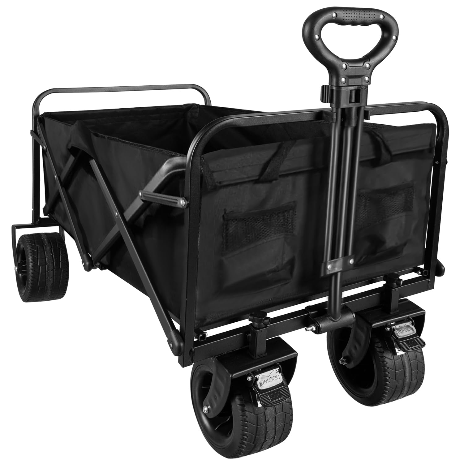 Carrello pieghevole con ruote larghe per giardino, spiaggia, escursioni con freno, manico regolabile – portata 100 kg, volume 75 l