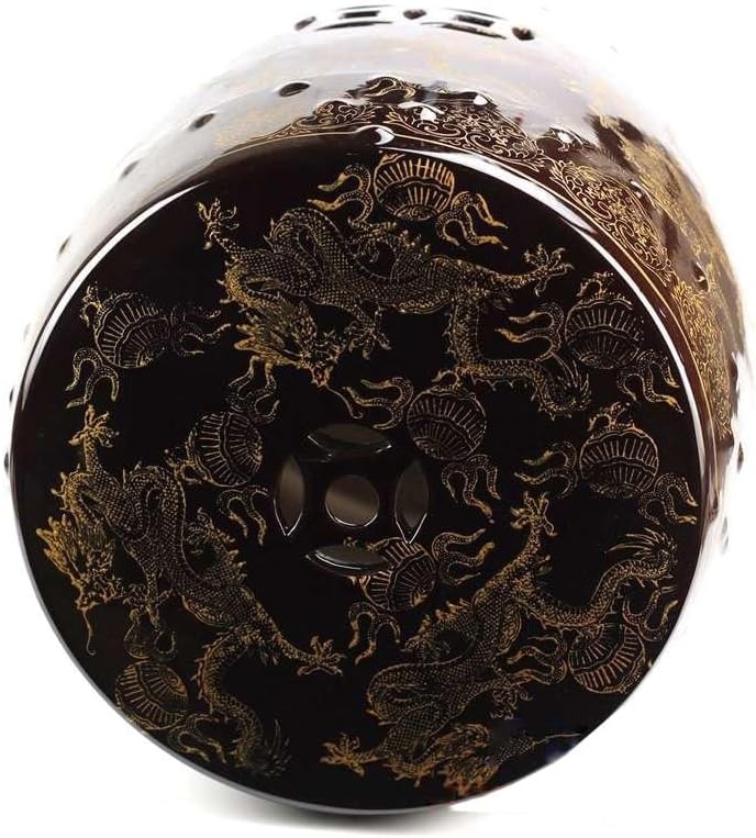 Ceramic Garden Stool Decorative Garden Stools Dark Coffee Color Glaze Dragon Stool Carved with Copper Hole Ceramic Pier Garden Stool Bathroom Bench Garden Stool Ceramic(A)