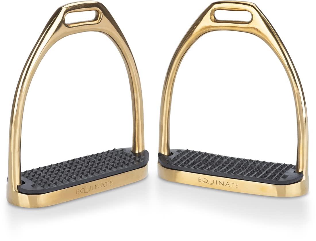 Equinate Estribos Luna 12 cm oro – con superficie antideslizante de goma – para adultos y niños – 2 unidades