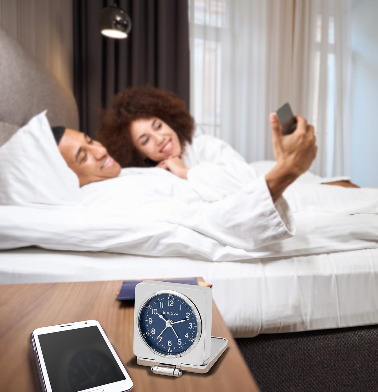 Bulova Travel Hack Alarm Clock B1882 | Vintage-Inspired Flip Cover Design with Blue Dial | Quartz Movement | Battery Included | Compact Travel Clock with Gift Pouch