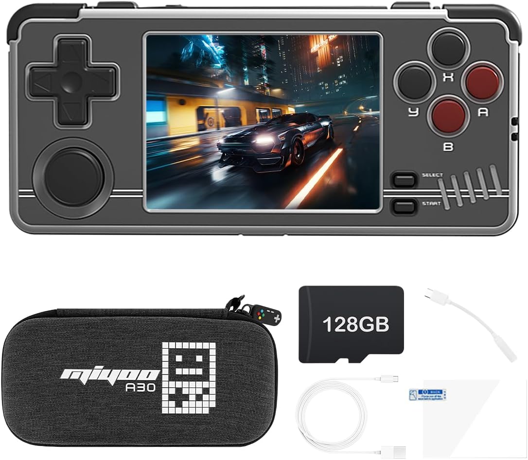 Miyoo A30 Handheld Game Console 2.8 inch Screen, Retro Video Games Consoles Portable Rechargeable Hand Held Classic System 128GB with Case (Pale Gray)