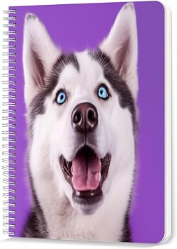 Spiral Notebook,Double-Wire Spiral College Lined Journal Notebook for Study and Notes,100 Pages,5.71x 8.26 in - Husky with Blue Eyes on a Purple Background