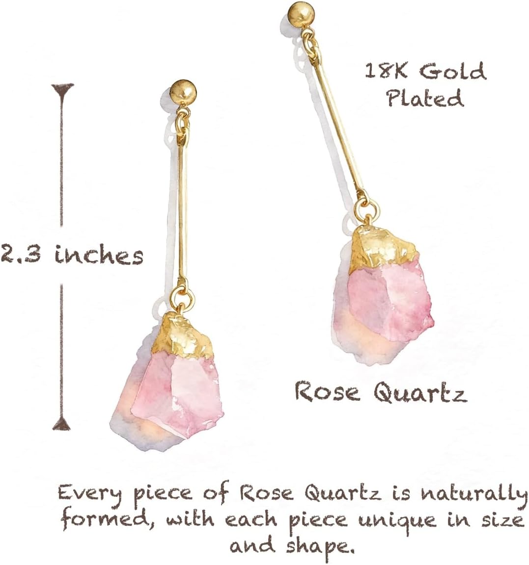 Healing Crystal Earrings with Natural Clear Quartz, Amethyst, Rose Quartz, Black Tourmaline | 18K Gold Plated Dangle Drop Earrings | Women's Jewelry Gift