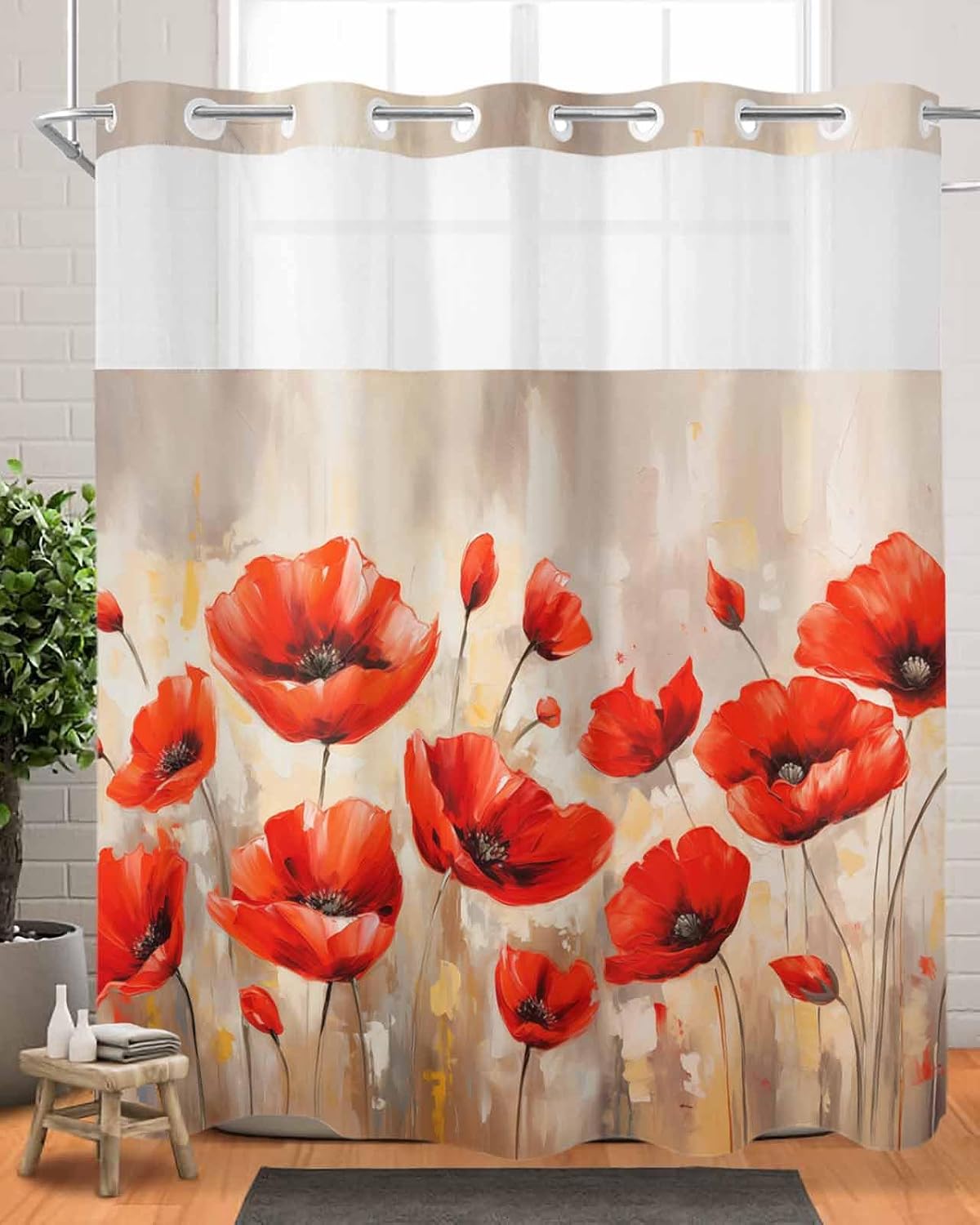 Abstract Red Flower Shower Curtain No Hooks and Liner Set,Painting Art Spring Herbs Hotel Style Fabric Bathroom Shower Curtains Waterproof Polyester Bath Spa Bathtub Curtain with Sheer Window,72"x78"