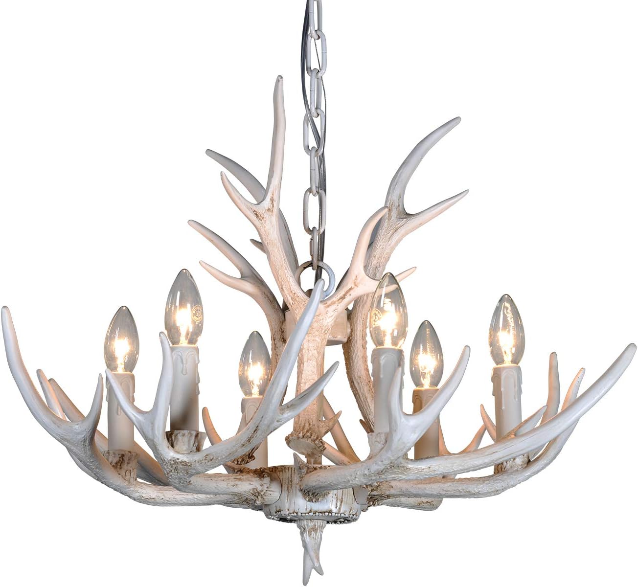 BOOU1 Layer Resin Antler Chandelier Antlers Vintage Style Resin 6 Light Chandeliers for Living Room Cafe Restaurant Kitchen bar American Countryside Deer Horn Ceiling Lights BN-1055-6B(White)1