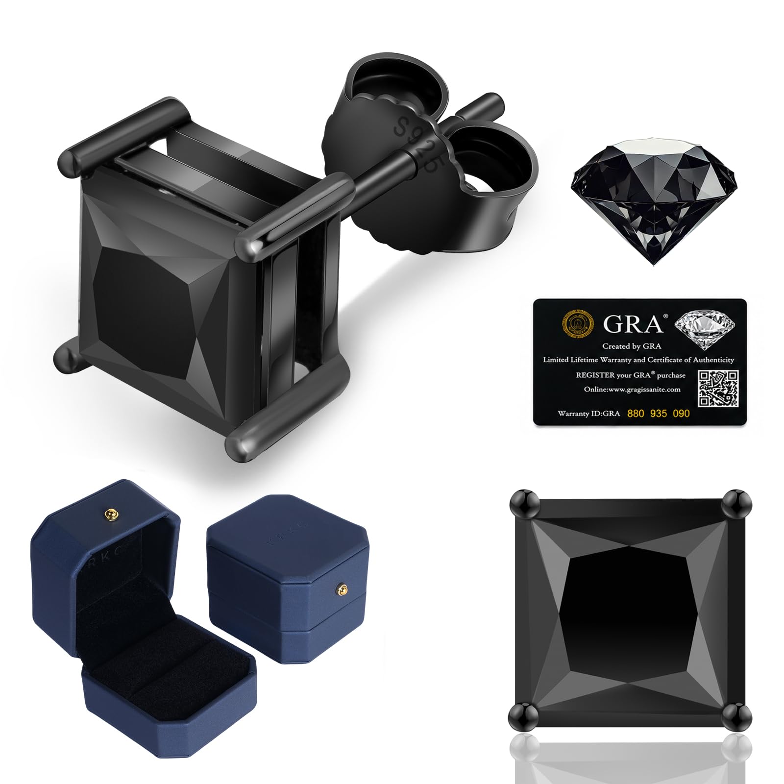KRKC Black Moissanite Stud Earrings