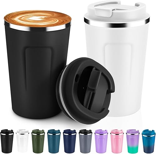 Miniatura 28 de Volhoply Taza de café de viaje con aislamiento al vacío de 12 oz de doble pared con tapa abatible, taza de café reutilizable de acero inoxidable a
