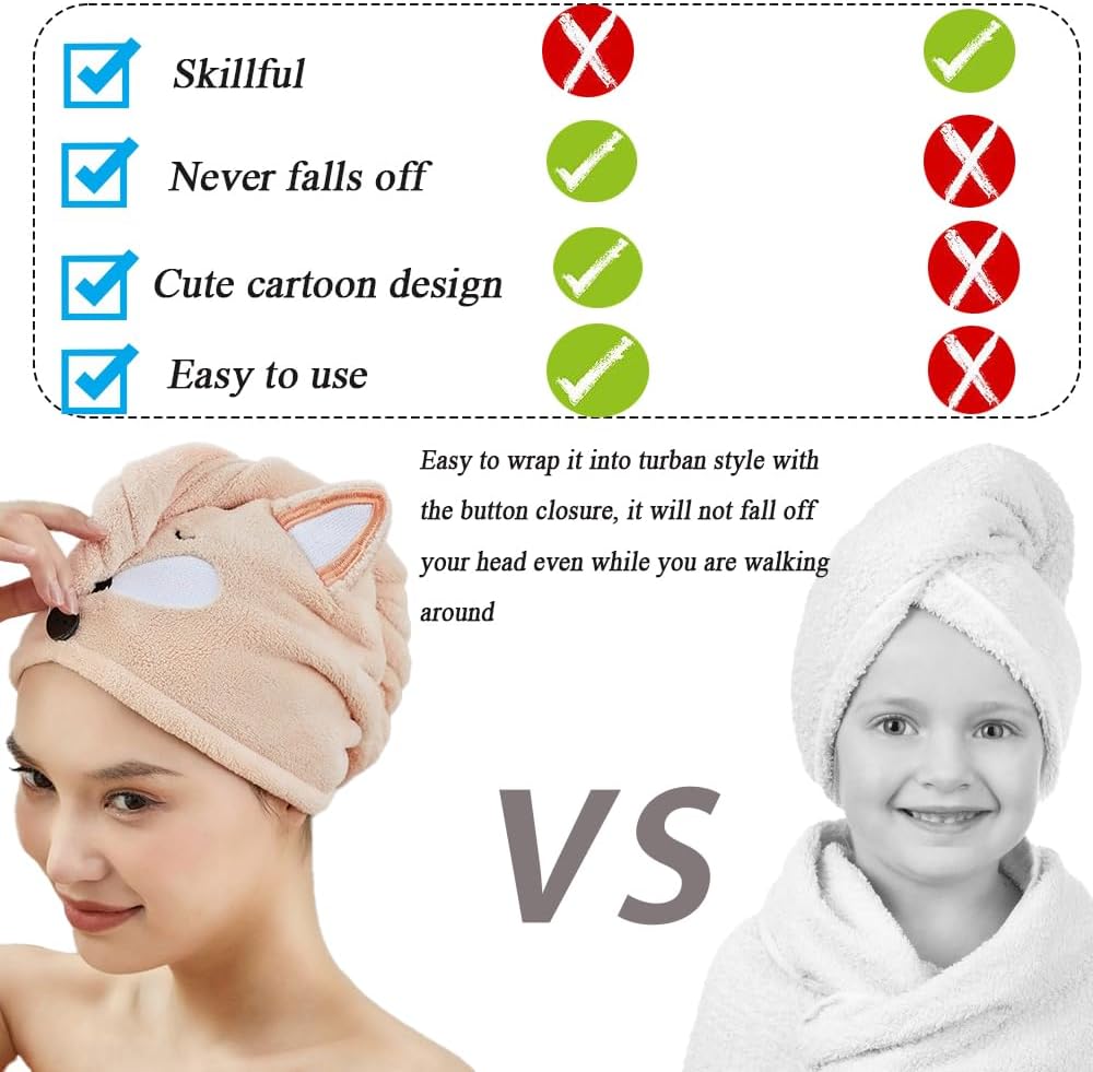Girls' Absorbent Hair Towel Wrap Kids Hair Drying Wrap Towel Hat Cute Cartoon Turban Towels with Button Anti-Frizz Wet Hairs Shower Cap Quick Drying Head Towels Cap for 0-9 Year Long Curly Thick Hairs