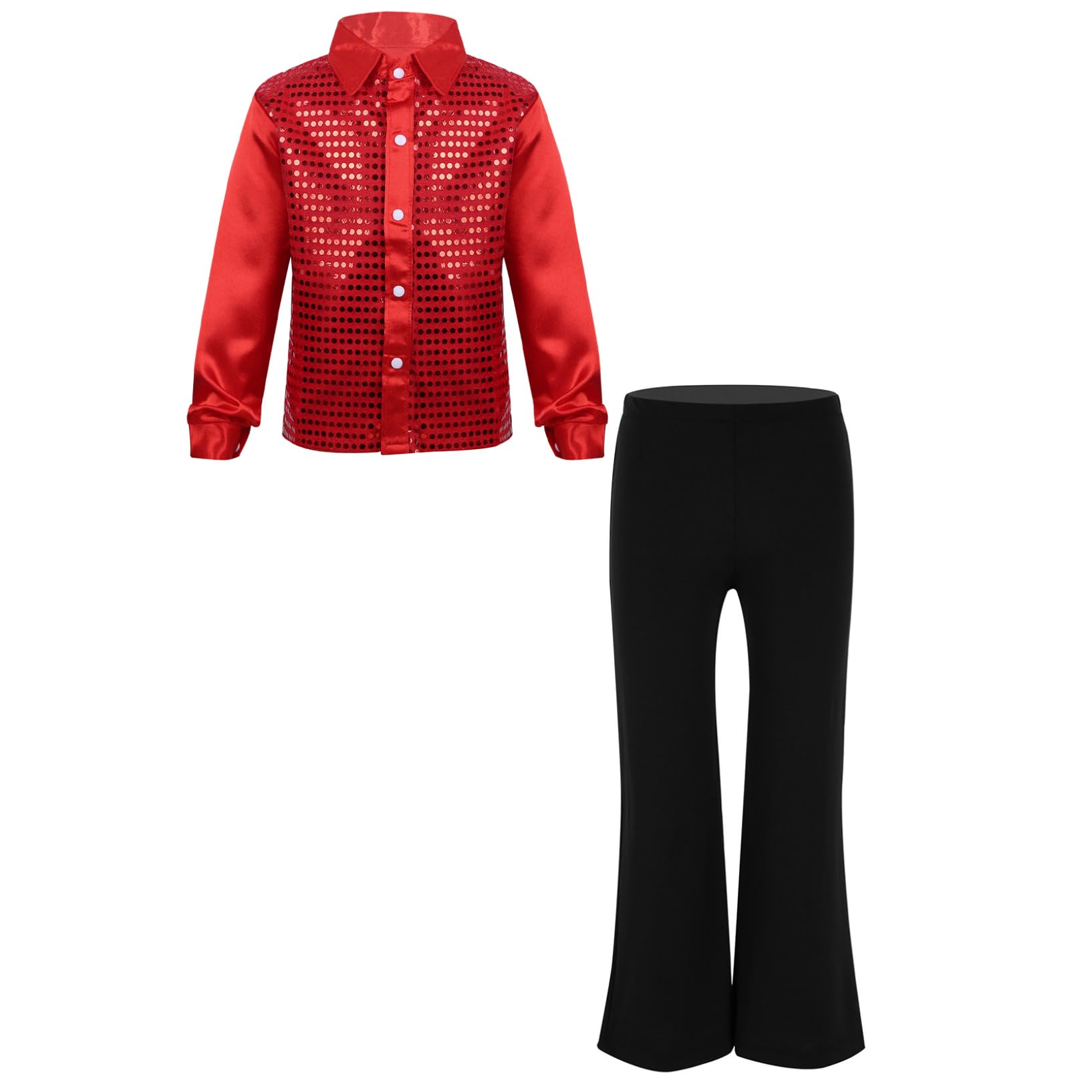 Oyolan Enfant Garçon Ensemble Costume Paillette Chemise Manches Longues et Pantalon Evasé Tenue Danse Latine Jazz Disco Soirée Spectacle 5-14 Ans