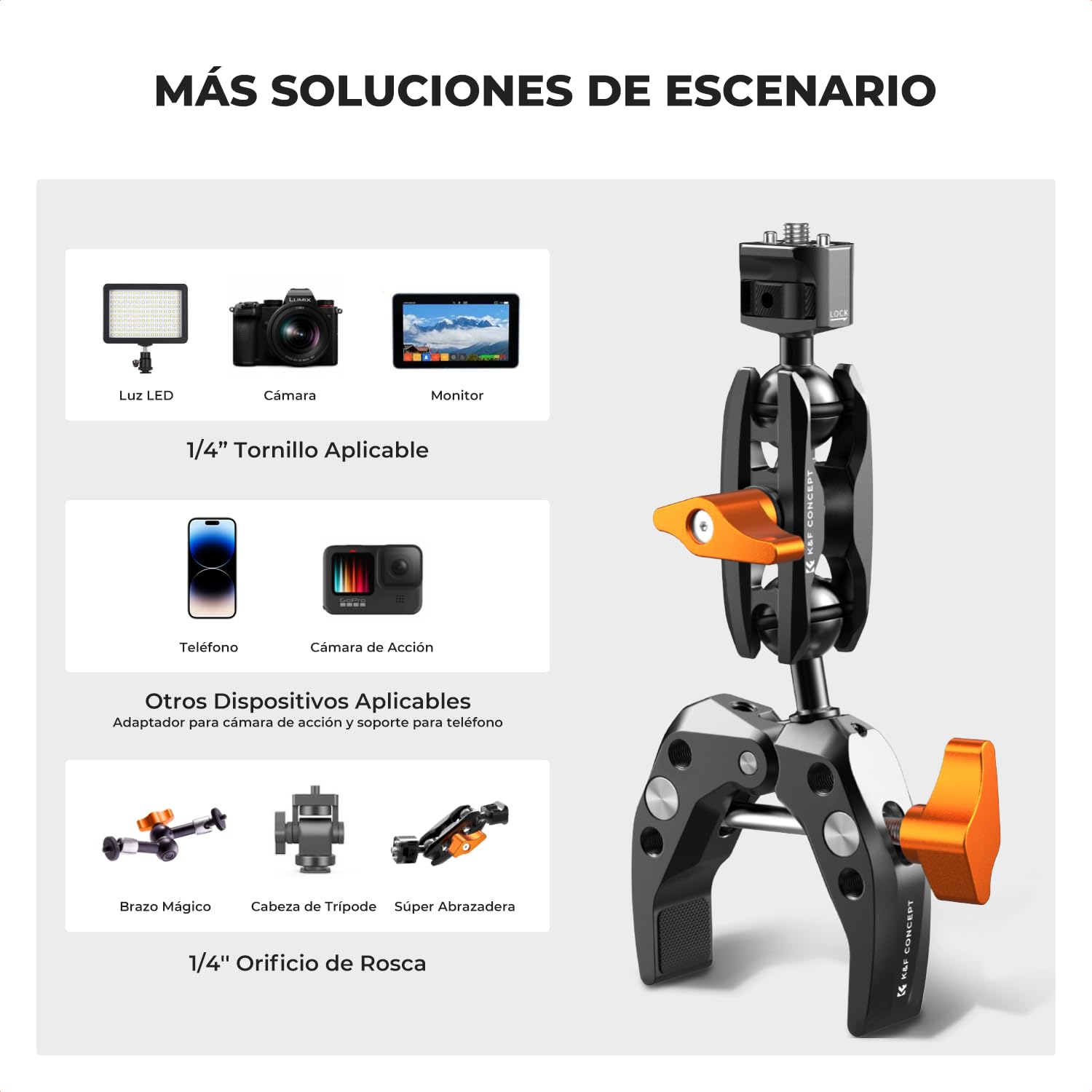 K&F CONCEPT Brazo Mágico con Súper Abrazadera，Magic Arm con Super Clamp Pinza y Cabeza Esférica de 360° Compatible con Cámara/Estabilizador/Teléfono Móvil/GO Pro/dji Action, Carga Máxima:3KG