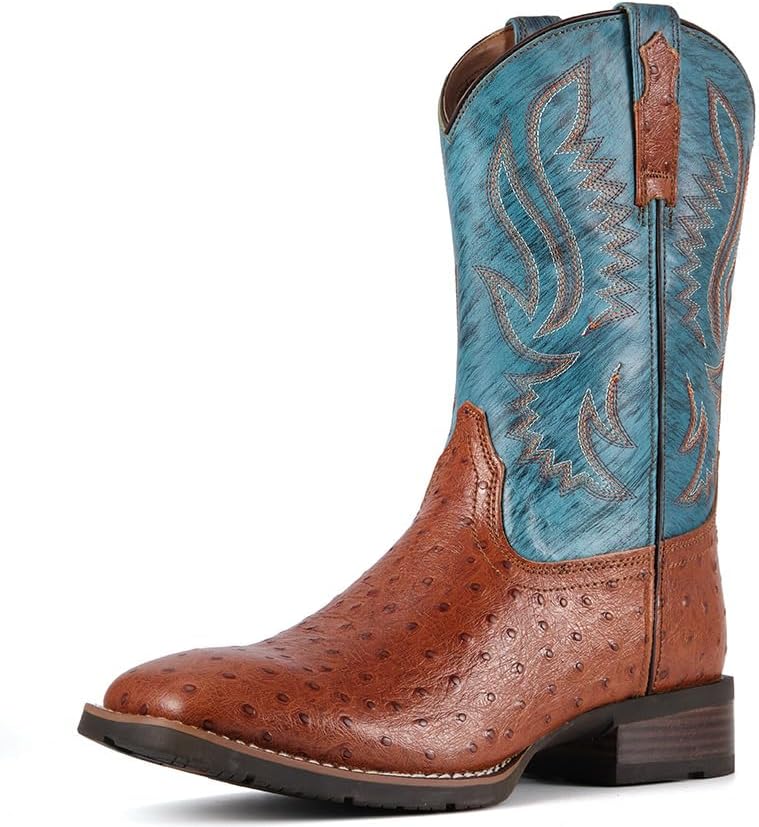 SUREWAY FULL QUILL OSTRICH Cowboy Boots For Men -Mens Square Toe Embroidery Western Boot,Oil/Slip Resistant,Durable Classic Pull on 10 Inch Wellington Boots - Soft Toe Full Grain Leather Work Boots
