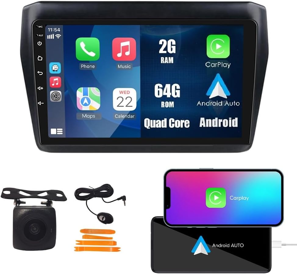 Car CarPlay Android Auto Navigation Stereo GPS Radio Reverse Camera Display 9" IPS Touchscreen Headunit Tablet Pad Media Player for Suzuki Swift 2017-2020, if Applicable Quad Core 2G+64G