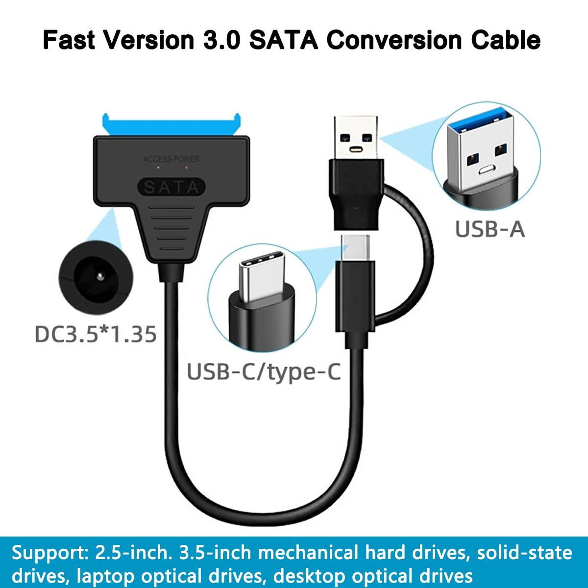 Unnderwiss kabel Sata usb adapter do dysków twardych Sata na usb Kompatybilny z zewnętrznymi i wewnętrznymi dyskami twardymi SSD/HDD 6,35 / 8,89 cm Adapter Kompatybilny z systemami operacyjnymi
