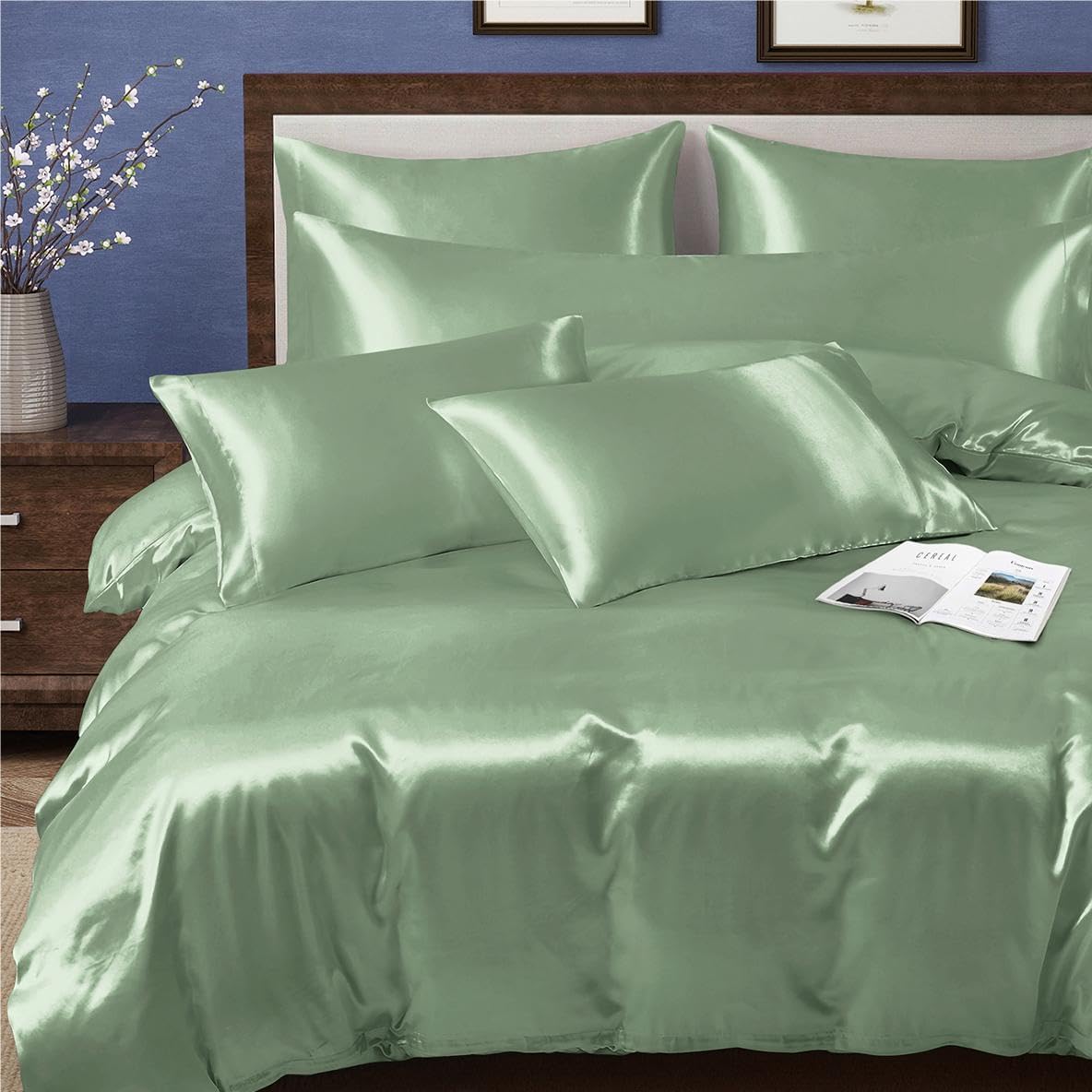 MILVOWOC 6 Pcs Sage Green Satin Duvet Cover King Size Set, Silky Bed Duvet Cover Ultra Soft Comforter Cover, 1 Satin Duvet Cover, 1 Body Pillowcase, 4 Pillow Cases (No Comforter)