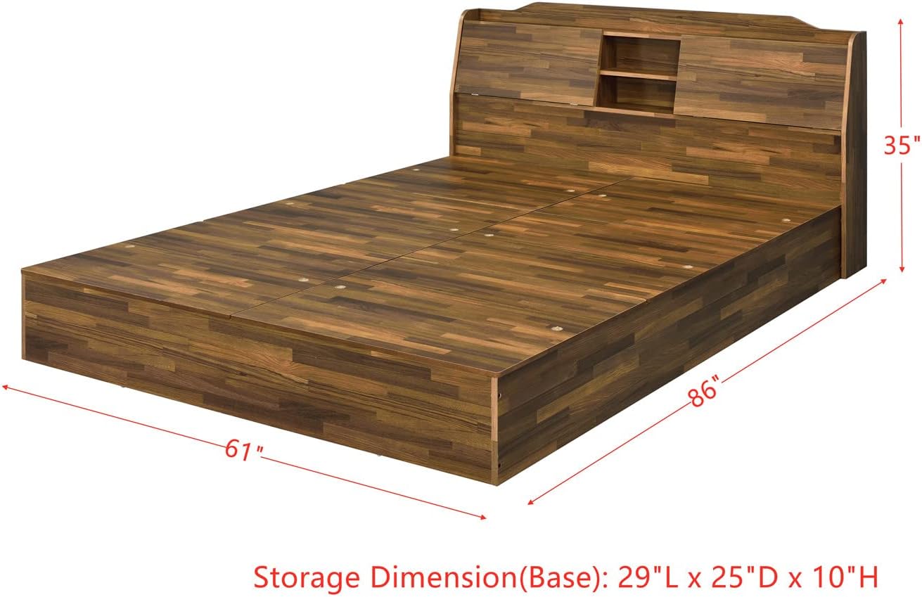 Modern Queen Bed Hall Tree Ottoman Wall Mirror Wall Clock Timer Decor Accent Table for Home Bedroom (Rustic Walnut Hall Tree) (Walnut Queen Bed)