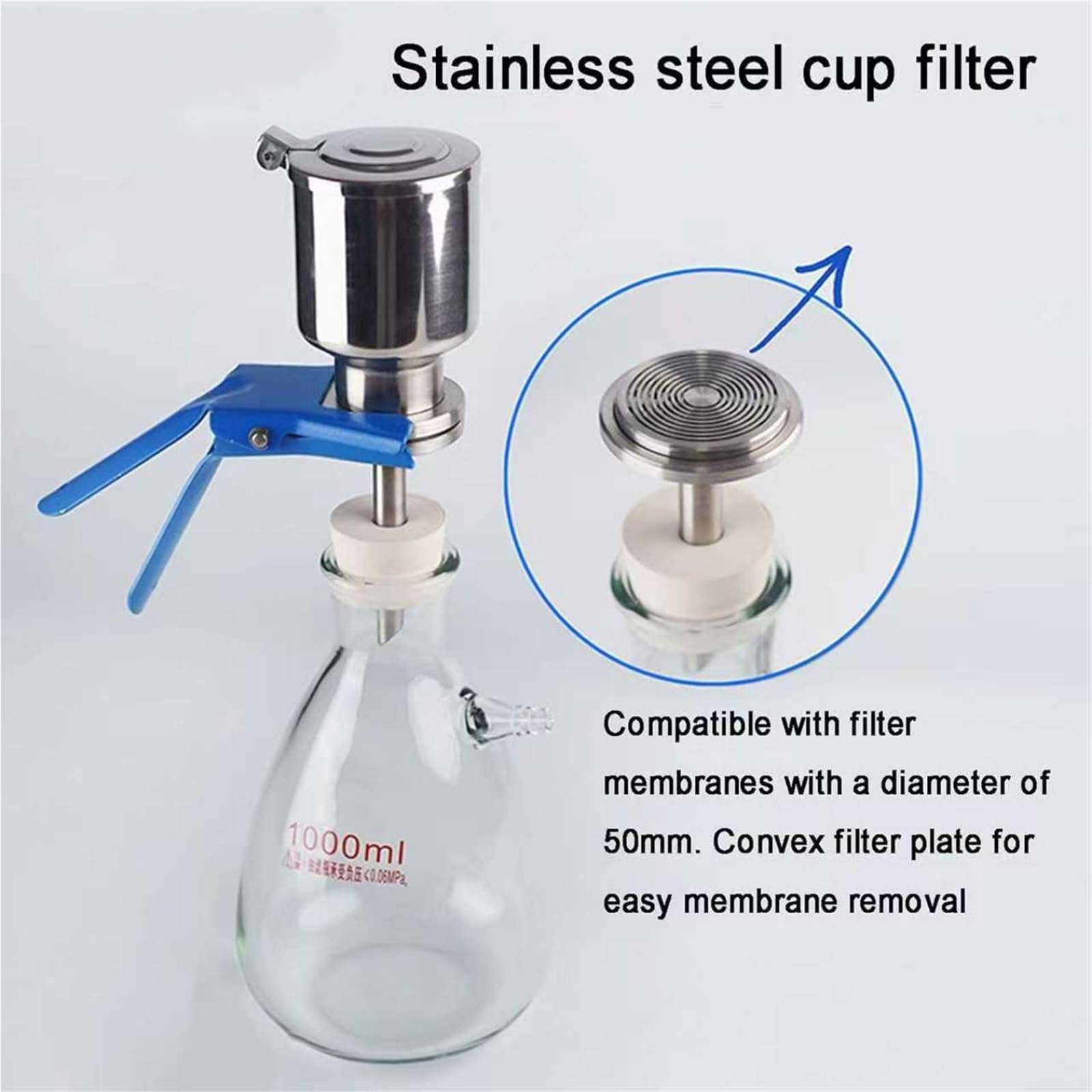 Equipo De Filtración Al Vacío For Laboratorio, Kit De Filtro De Acero Inoxidable Con Matraz De 250 Ml/500 Ml/1000 Ml Y Membrana De 50 Mm De Diámetro.(250ml)