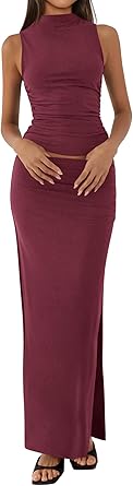 BTFBM Summer Two Piece Skirt Set for Women 2025 Dressy Lightweight Sleeveless Knit Top Going Out Split Maxi Skirt Set